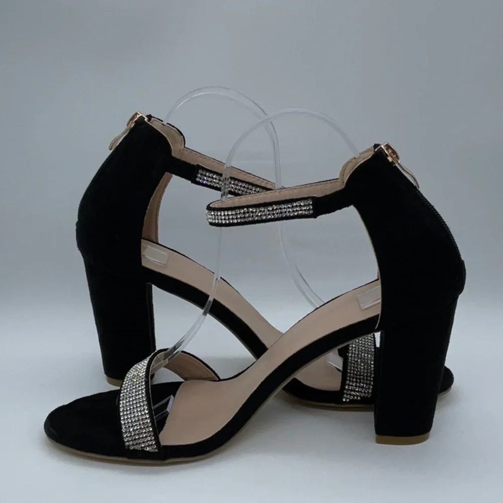 Black Faux suede heels with sparkle detail ankle strap back gold zipper closure